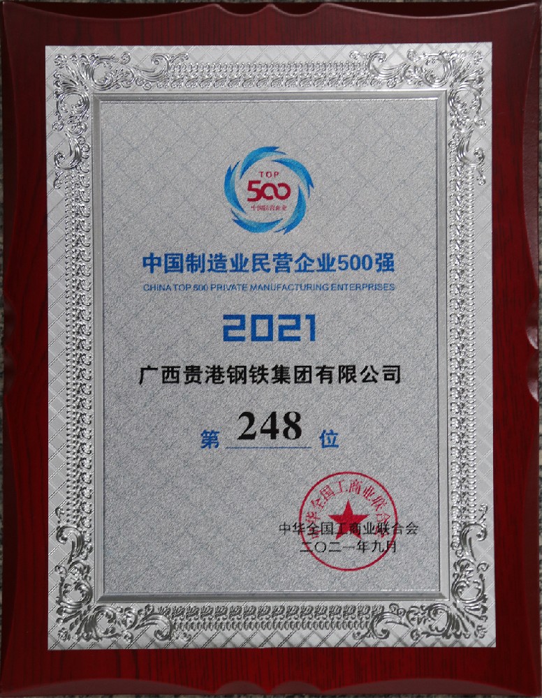 2021年中國制造業民營企業500強第248位.JPG